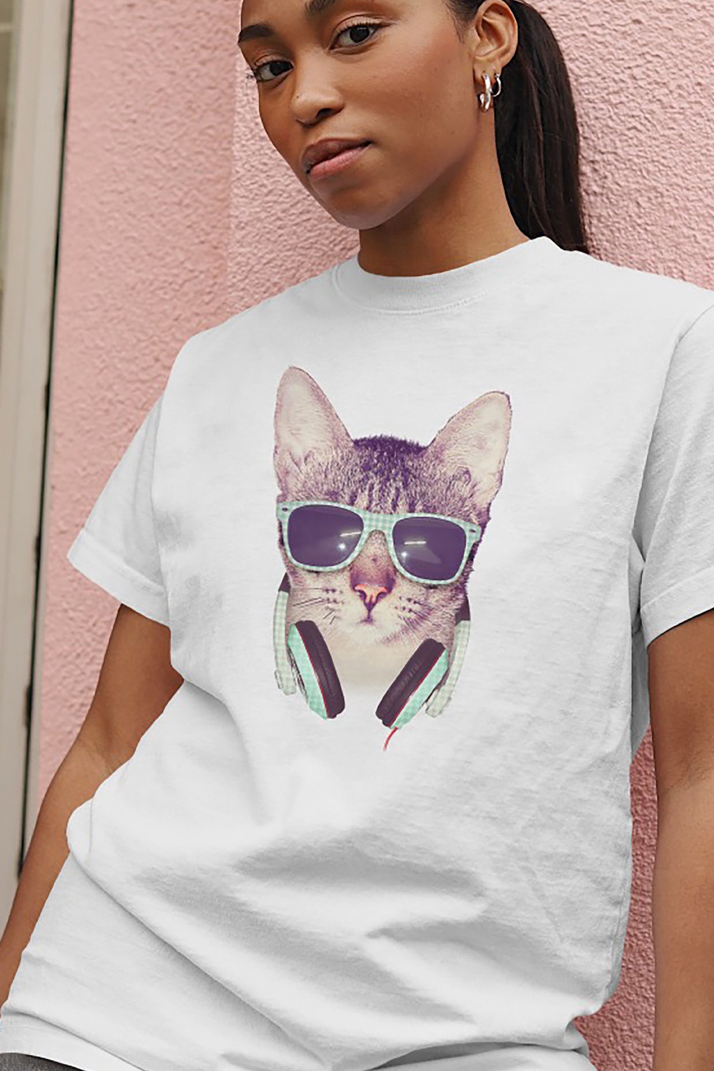 Cool Cat with Headset T-Shirt Art Print Summer Casual for Men and Women Design Tee