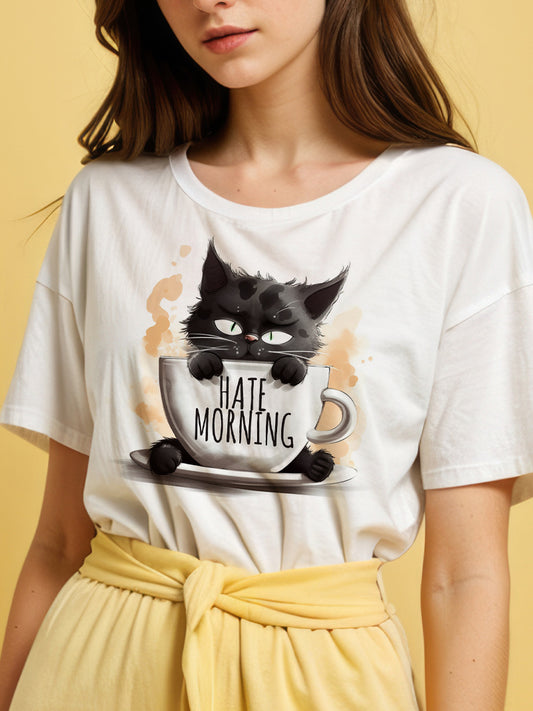 Women's Casual T-Shirt Cute Black Cat Print Comfort Fit Short Sleeve Tee