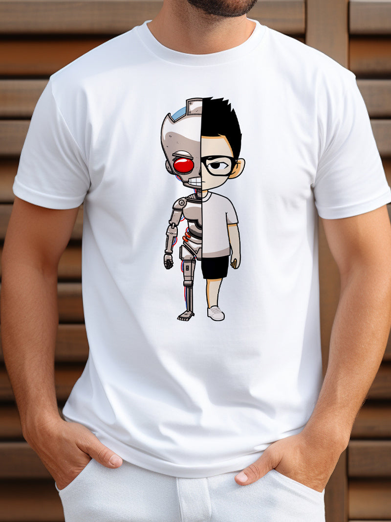 Men's Robot Print, The Mad Artist, Casual Short Sleeve Crew T-Shirt, Comfortable Clothing